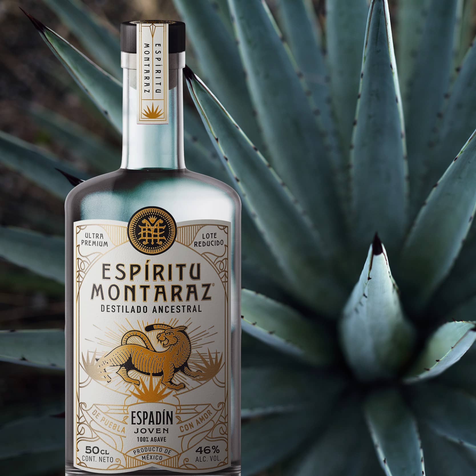 Espadin Pureza Ancestral Mezcal Espiritu Montaraz with agave background