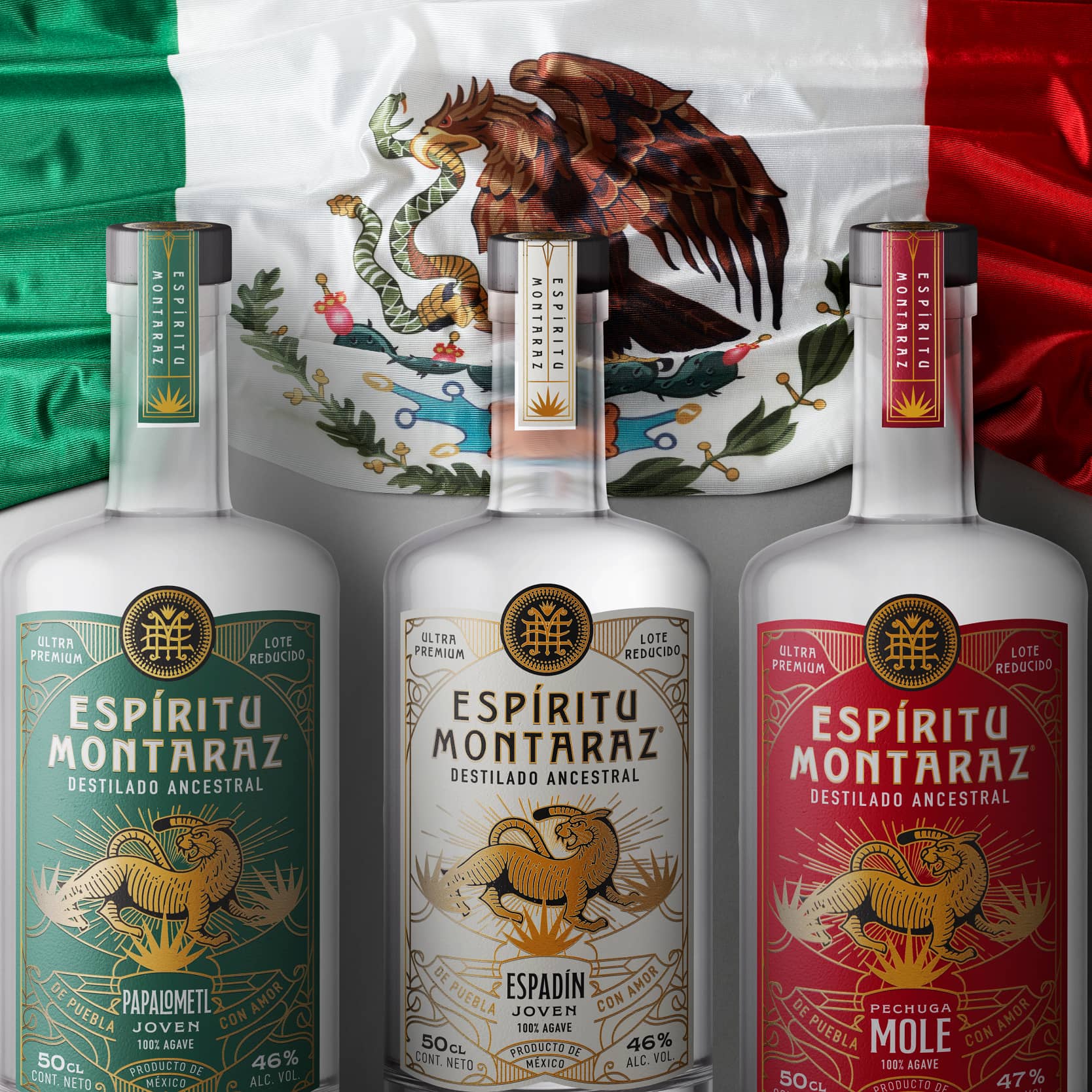 Espiritu Montaraz Mezcals bottles with Mexican flag background