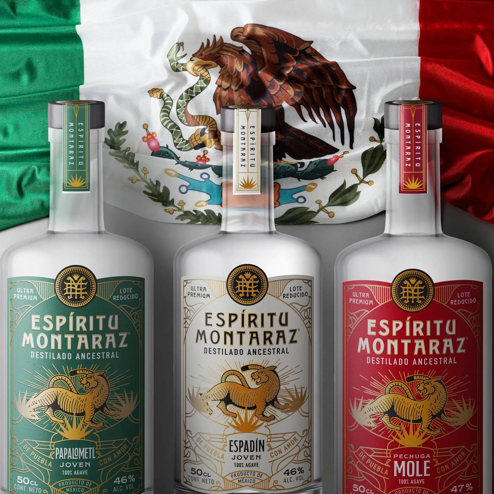 Espiritu Montaraz Mezcals with Mexican flag background Squared Espiritu Montaraz Mezcals bottles with Mexican flag background